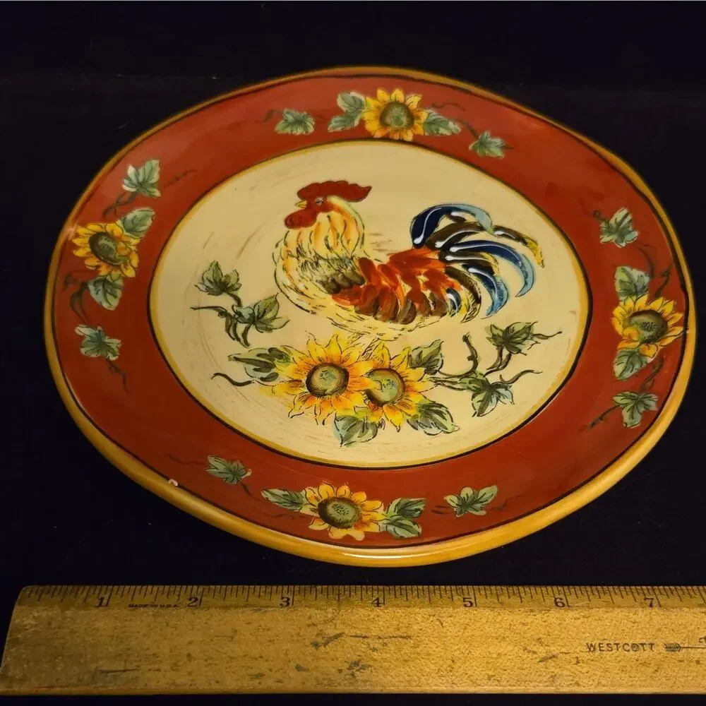 Maxcera Red Rooster Dinner Plate Sunflower Hand Painted Ceramic Farmhouse
